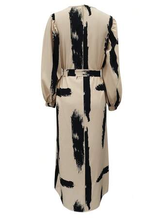 Brush Pattern Round Neck Lantern Sleeve Belted Long Modest Dress