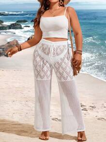 Flirla Plus Size Women's Drawstring Waist Hollow Out Knitted Beach Pants - White - View 5