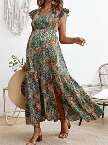 SHEIN Maternity Women's Long Floral Printed Casual Holiday Dress For Young And Energetic Moms