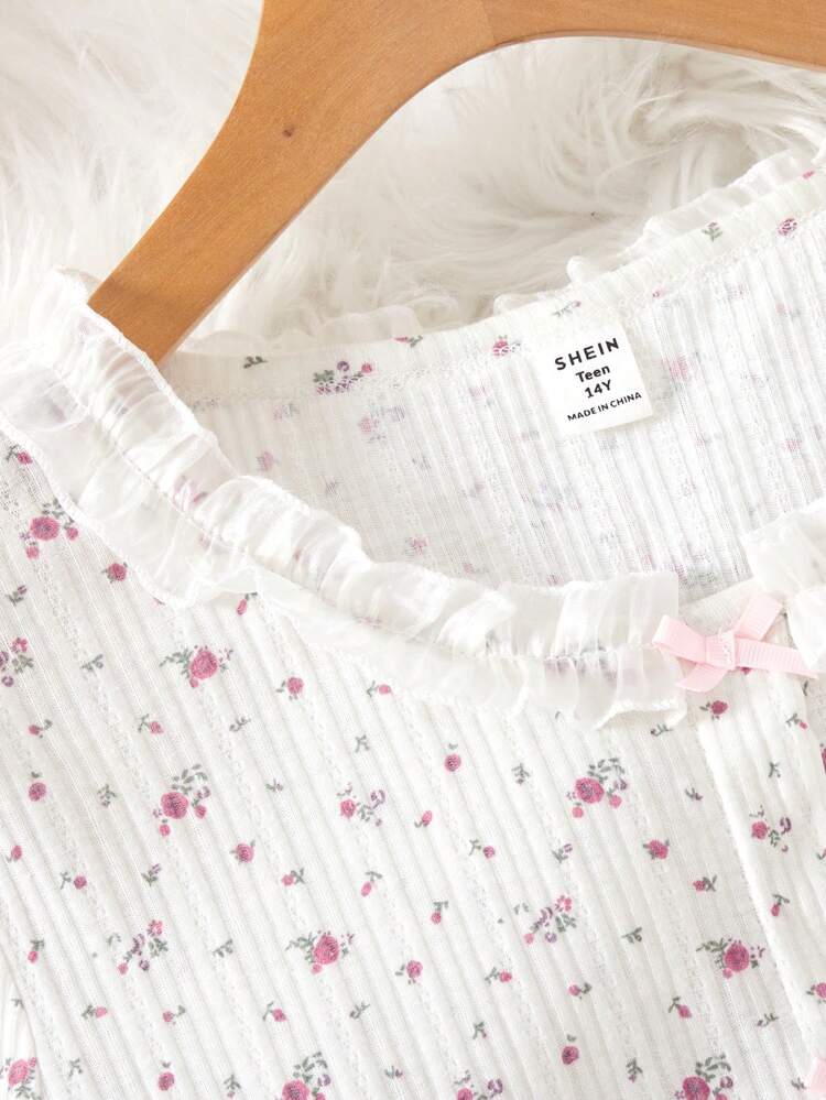 Teenage Girls' Lovely Floral Print Lace Trimmed Shorts And Short Sleeve Top With Bow Decoration, Comfortable Homewear Set