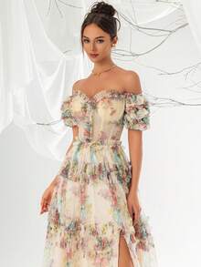 Elegant Off-Shoulder Printed Mesh Evening Gown Dress For Women