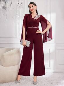 Modelyn Burgundy Red Women's Deep Red Asymmetric Collar Mesh Jumpsuit - Burgundy - View 1