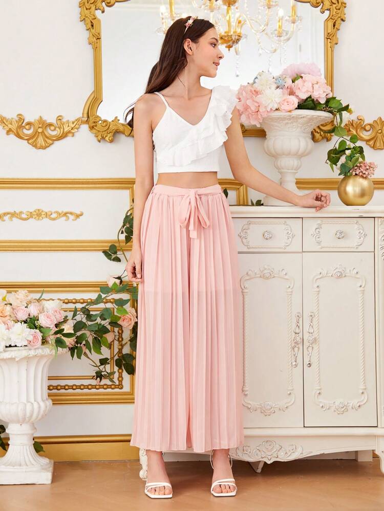 Asymmetrical Neck Ruffle Trim Crop Top & Pleated Belt Wide Leg Pants