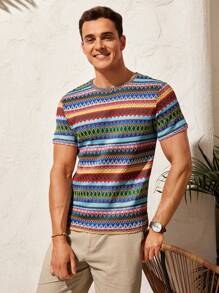 GENTILAND 男士色塊條紋針織t恤 - 藍色 - 查看 3