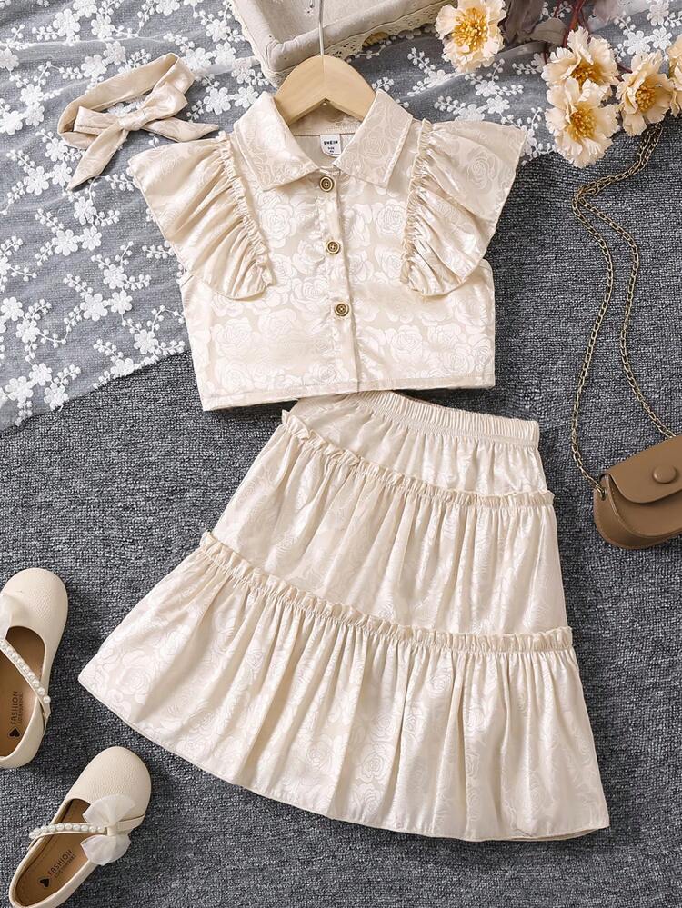 Young Girl Champagne-Colored Rose Jacquard Flutter Sleeve Top And Frill-Edged Skirt Two-Piece Set