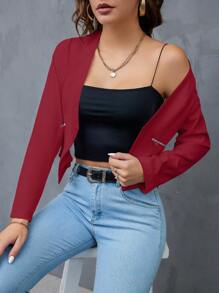 SHEIN Privé Solid Open Front Work Women Crop Blazer In Fall/Winter - Red - View 3