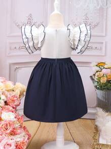 SHEIN Vestido Con Dobladillo Con Volantes Y Remiendos De Color Azul Y Blanco Para Niñas Jóvenes