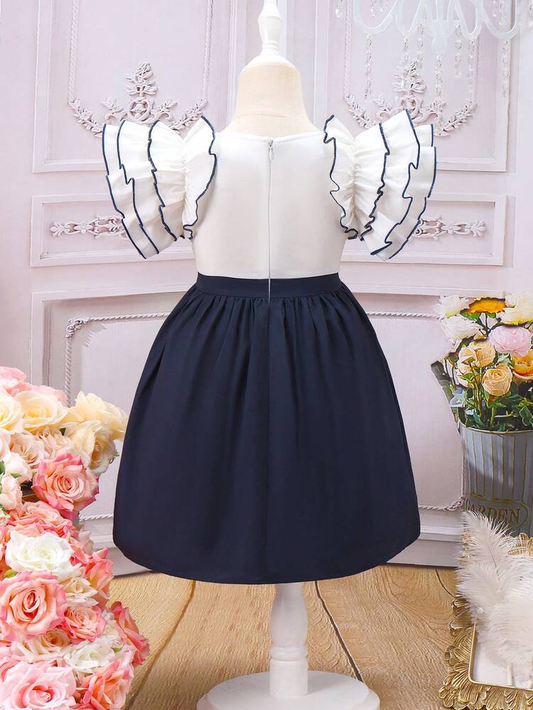 Young Girls' Blue And White Patchwork Ruffle Hem Dress