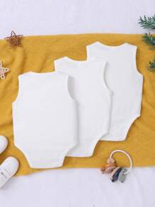 Loomiva Baby Boy's Casual Knit Solid Color Sleeveless Bodysuit With Open Crotch, 3pcs/Set