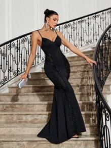 SHEIN Belle Elegancka sukienka na ramiączkach typu spaghetti, haftowana koronka, przezroczysta aplikacja, wąska randka, damska suknia wieczorowa typu fishtail (wersja premium)