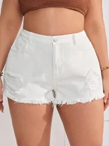 SHEIN EZwear 大尺碼破洞流行性感白色短褲 - 白色 - 查看 1