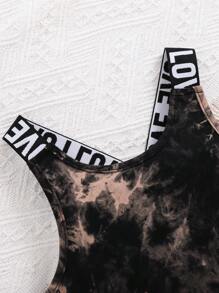 SHEIN Tween Girls' Sports Tie-Dye Letter Printed Strap Shorts Set Concert Outfit - Multicolor - View 3