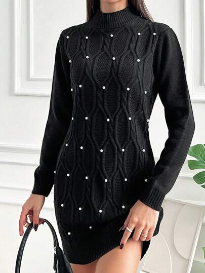 SHEIN Women'S Stand Collar Sweater Dress With Bead Detailing