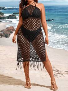 Breezaya Plus Size Knitted Hollow Out Fringed Hem Halter Sweater Dress