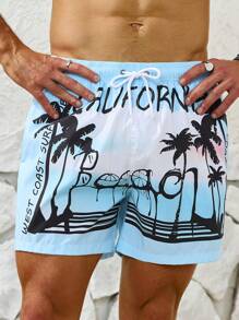 Manfinity Uomo Pantaloncini Da Mare Con Stampa Albero Di Cocco E Lettere Con Coulisse In Vita