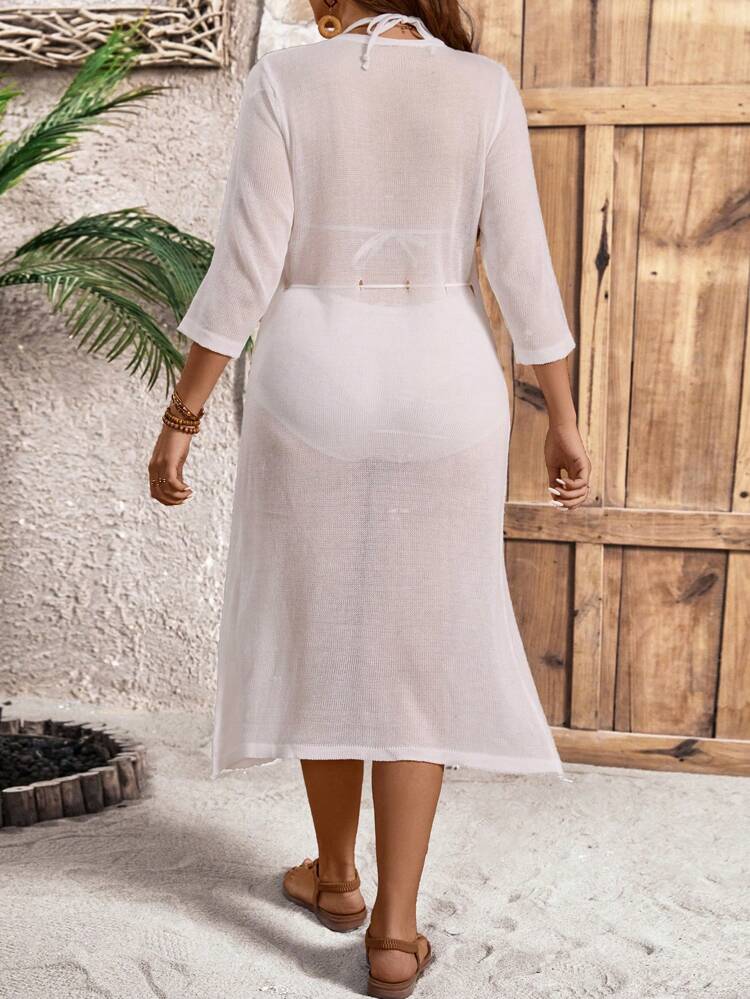 Plus Size Solid Color Drawstring Waist Cardigan