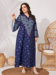 Al Najma Plus Size V-Neck Long Sleeve Dress Kaftan Jalabiya Dress - Multicolor - View 7