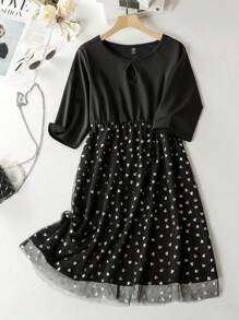 SHEIN Clasi Women's Plus Size Keyhole Collar Heart Printed Patchwork Dress - Black - View 1