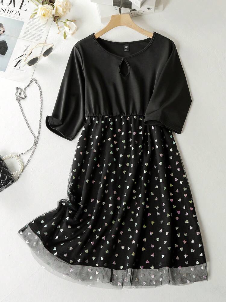 Women's Plus Size Keyhole Collar Heart Printed Patchwork Dress