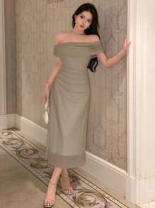 DAZY Đầm dạ hội hở vai màu trơn Đầm suông - Màu Khaki - Xem 2