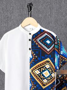 SHEIN Leap Crew Conjunto De Camisa De Manga Corta Con Cuello De Pie Y Shorts Con Patrón De Patchwork Para Niños Preadolescentes - Multicolor - Ver 7