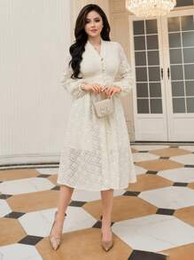 DAZY Women's Single-Breasted Lantern Sleeve Dress,Fall Dress