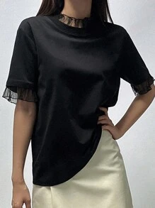 DAZY Women's Mesh Splice 2 In 1 T-Shirt - Black - View 4