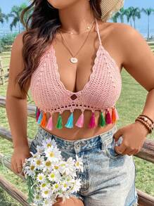 SHEIN Swim Curve 大码女式拼接流苏下摆露背罩衫 夏季 - 粉色 - 查看 5