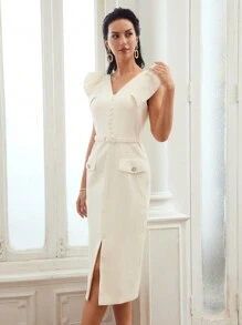 MOTF PREMIUM WOVEN WOMEN'S RUFFLE ARMHOLE FLAP DETAIL SPLIT HEM DRESS - Beige - View 5