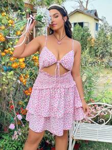 Dreamara 大碼空心花卉印花褶皺背心連身裙 - 彩色 - 查看 5