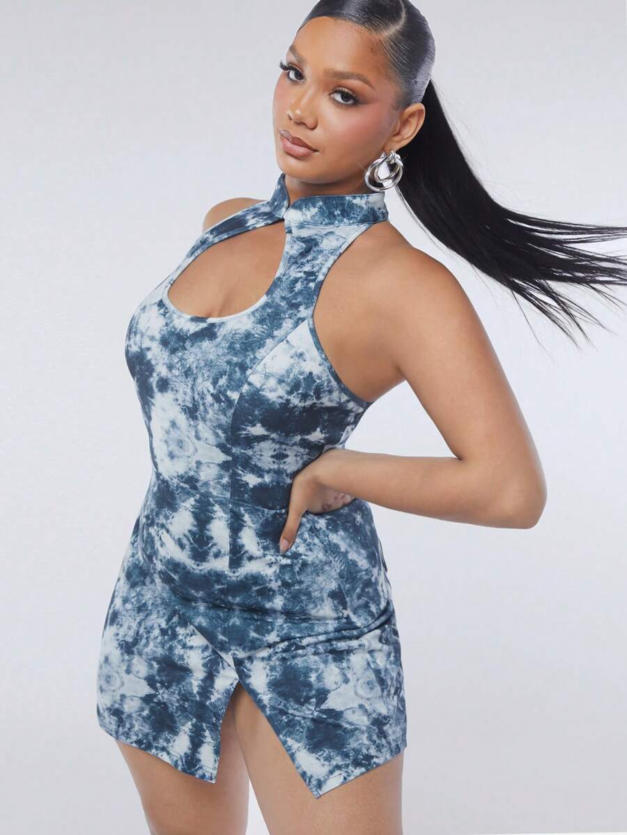 SHEIN BAE Plus Size Women's Tie-Dye Hollow Out Criss-Cross Halter Neck Dress
