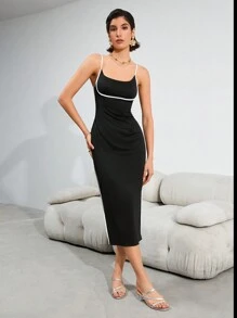 GENKIRA Women's Colorblock Slim-Fit Spaghetti Strap Dress - Black and White - View 1