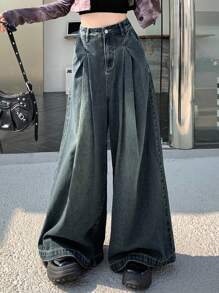 DAZY 女士褶皱阔腿牛仔裤、宽松牛仔裤