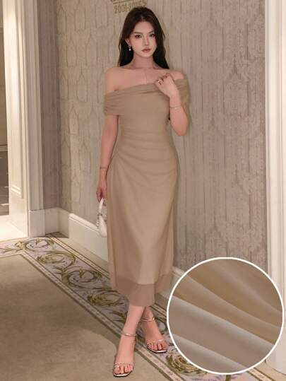 DAZY 纯色露肩连衣裙夏季优雅太阳裙舞会礼服