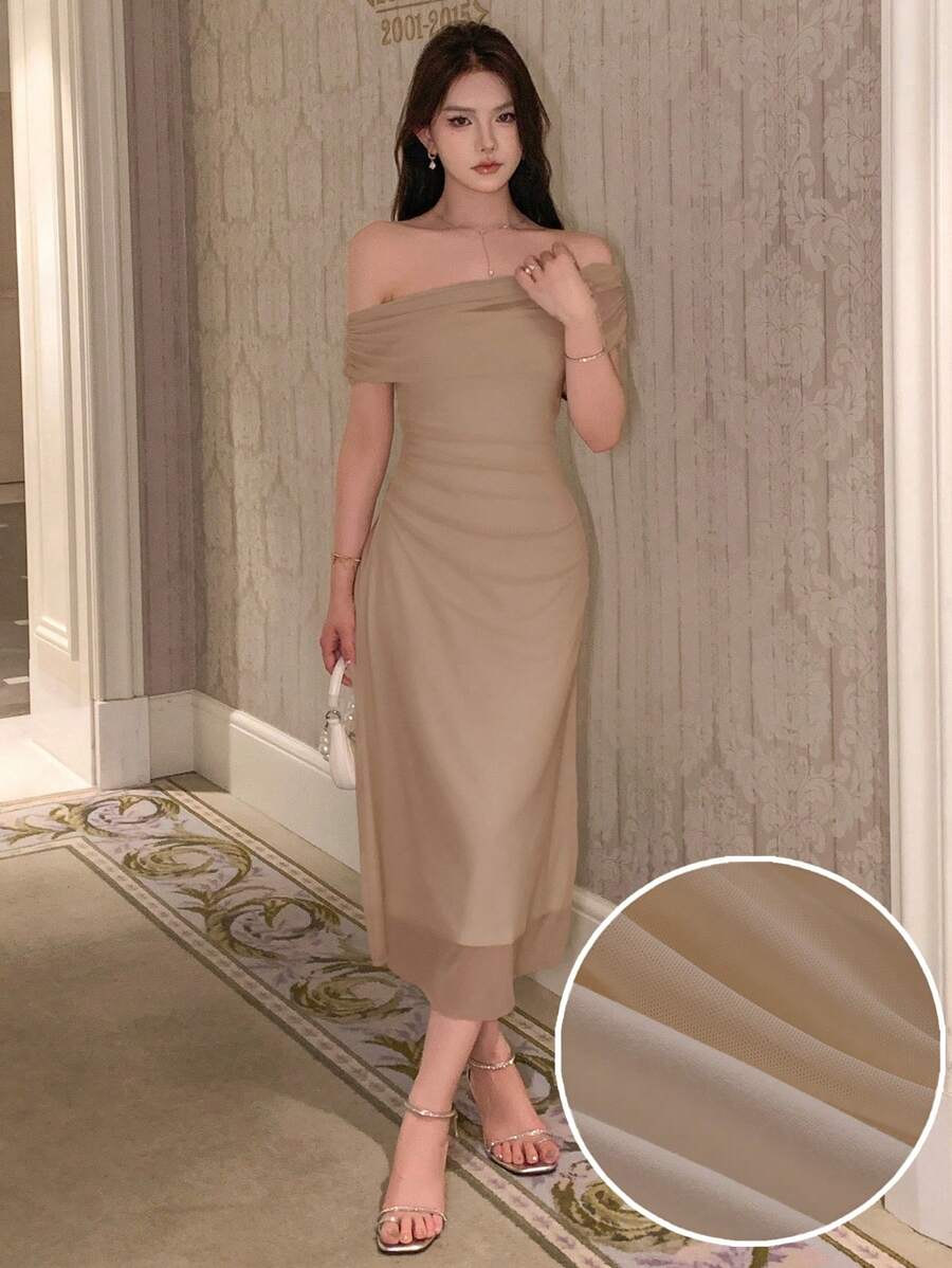 DAZY Váy dạ hội hở vai màu trơn mùa hè thanh lịch - Màu Khaki - Xem 1