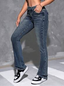 SHEIN Frenchy 女款修身喇叭牛仔褲 - 深色水洗藍 - 查看 5