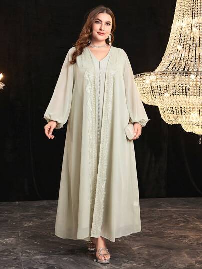 Al Najma Plus Size Abaya With Lace Trimmed Lantern Sleeves + V-Neck Sleeveless Dress Kaftan Jalabiya Dress