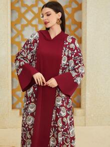 Al Najma 勃艮第红女装连帽花卉印花连衣裙 - 酒紅色 - 查看 4