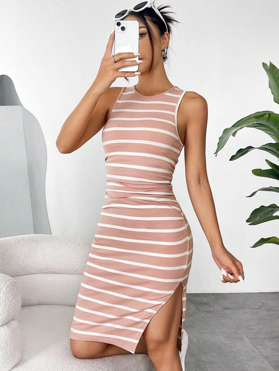 SHEIN EZwear Women's Striped Knit Sleeveless Dress - Pink - View 1