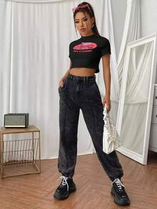 SHEIN Unity Của phụ nữ Retro In Top Cây trồng Ngắn tay Áo thun - màu đen - Xem 4
