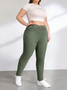 SHEIN EZwear 大尺碼修身休閒牛仔褲 - 軍綠色 - 查看 3