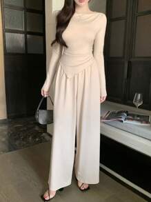 DAZY 1set Women's Asymmetrical Off Shoulder T-Shirt And Elastic Waist Wide Leg Pants Set,Women Two Pieces Sets