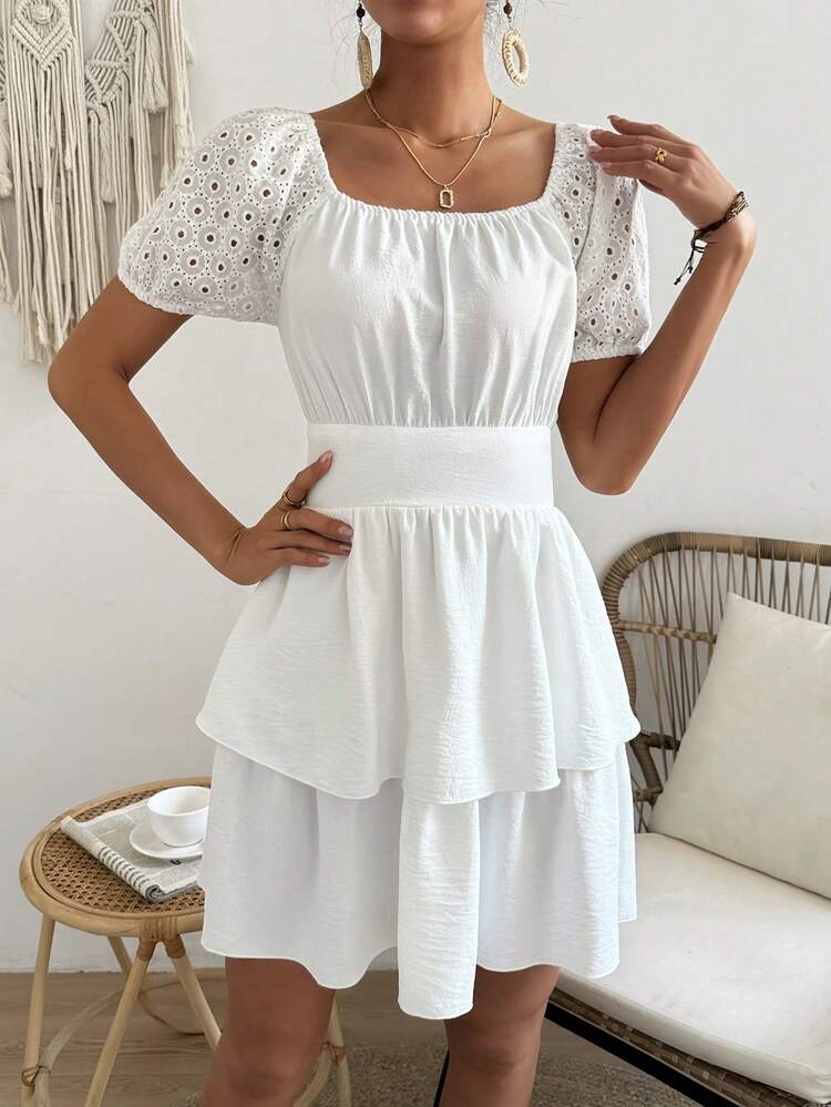 Solid Colored Square Neck Layered Overlay Dress