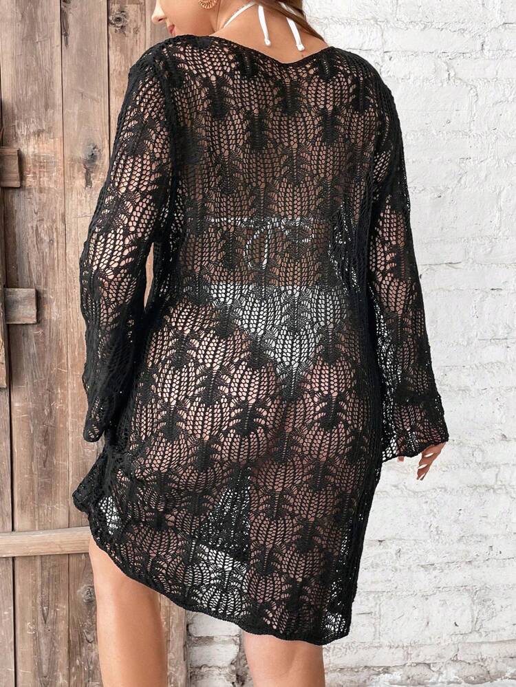 Plus Size Women's Hollow Out Flare Sleeve Sweater Dress Fall Cloth For Women
