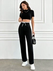 EURMUSE Women Black And White Pant - Black - View 1