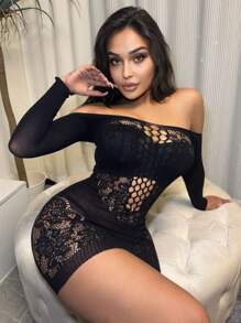 ChaseTheNight Plus Size Women's Sexy Lingerie Mesh Skirt With Round Neck