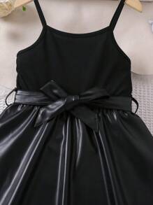 SHEIN Young Girl Pu Patchwork Spaghetti Strap Dress - Black - View 5