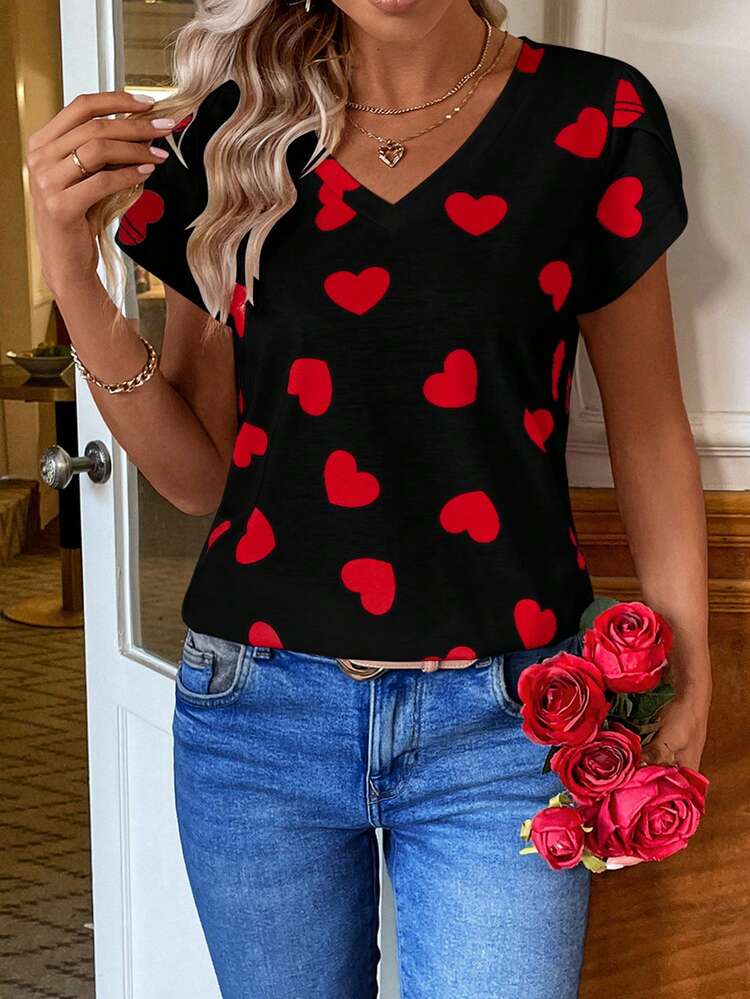 Heart Print Cap Sleeve T-Shirt