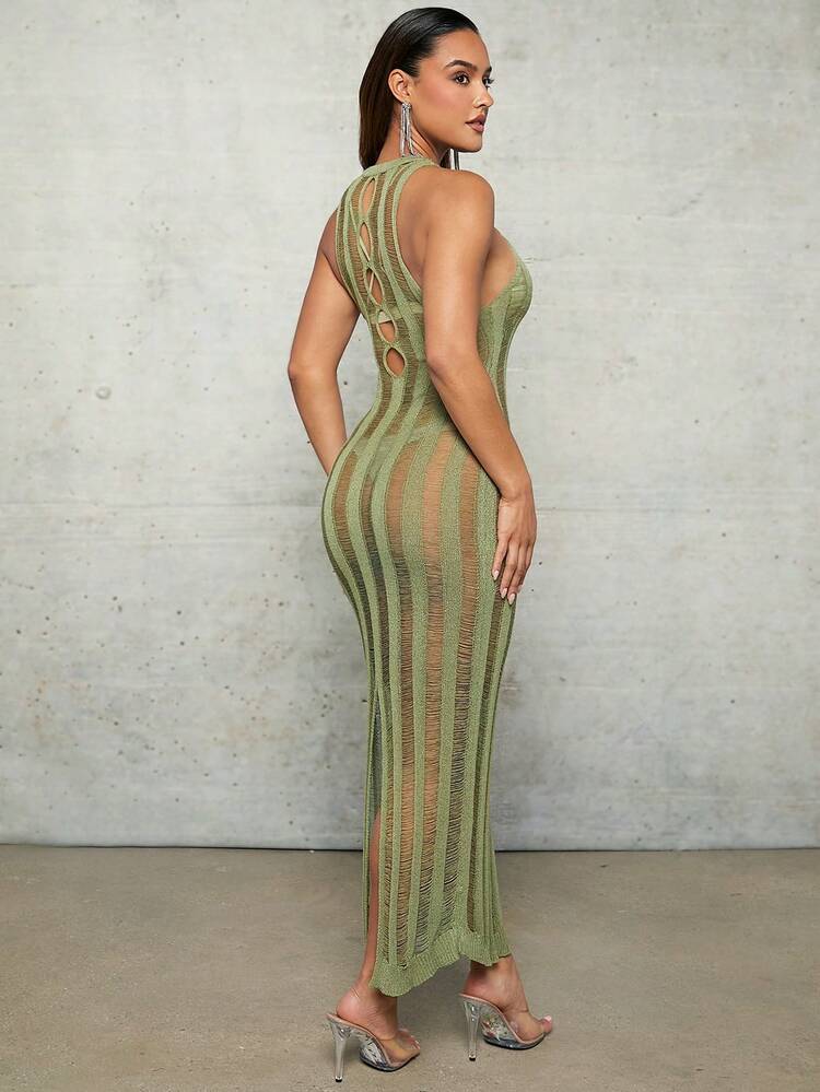 Cover Ups Green Crocheted Spring And Summer Holiday Clothes Hollow See-Through Vest Slit Mid-Length Women's Dress