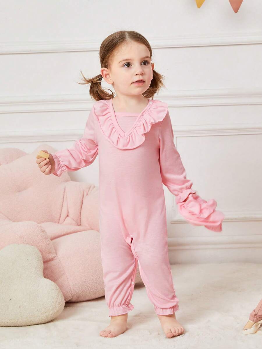Baby Girl Ruffled Sleeve Romper With Hat, Home Wear - Pink - View 1